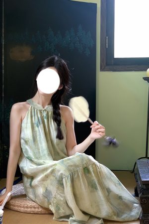 Elegant Chinese-Style Sleeveless Long Dress for Women in Tencel - Printed Summer Vacation Dress, Gentle Aesthetic, Perfect for Warm Weather