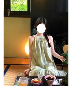 Elegant Chinese-Style Sleeveless Long Dress for Women in Tencel - Printed Summer Vacation Dress, Gentle Aesthetic, Perfect for Warm Weather