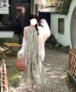 Elegant Chinese-Style Sleeveless Long Dress for Women in Tencel - Printed Summer Vacation Dress, Gentle Aesthetic, Perfect for Warm Weather