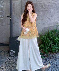 Elegant Chinese-Style Two-Piece Set for Women - Retro Summer Vest and Wide-Leg Pants - Unique National Wind Fashion 2025
