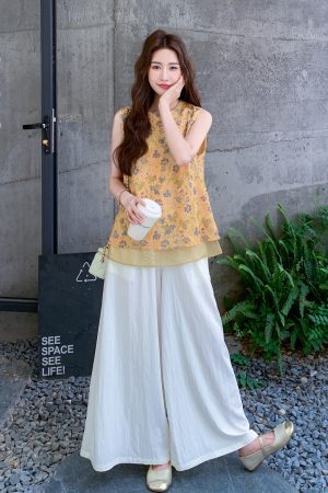 Elegant Chinese-Style Two-Piece Set for Women - Retro Summer Vest and Wide-Leg Pants - Unique National Wind Fashion 2025