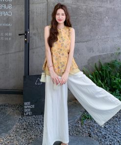 Elegant Chinese-Style Two-Piece Set for Women - Retro Summer Vest and Wide-Leg Pants - Unique National Wind Fashion 2025