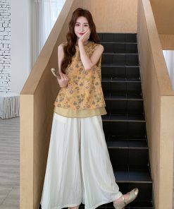 Elegant Chinese-Style Two-Piece Set for Women - Retro Summer Vest and Wide-Leg Pants - Unique National Wind Fashion 2025