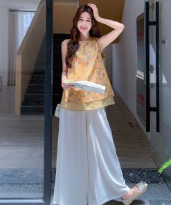 Elegant Chinese-Style Two-Piece Set for Women - Retro Summer Vest and Wide-Leg Pants - Unique National Wind Fashion 2025