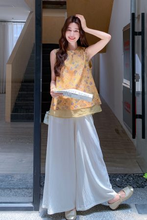 Elegant Chinese-Style Two-Piece Set for Women - Retro Summer Vest and Wide-Leg Pants - Unique National Wind Fashion 2025