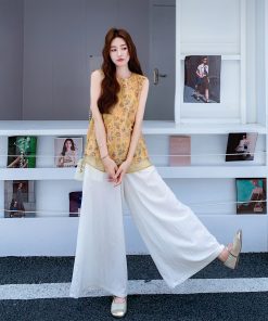 Elegant Chinese-Style Two-Piece Set for Women - Retro Summer Vest and Wide-Leg Pants - Unique National Wind Fashion 2025