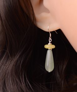 Elegant Chinese Style Water Droplet Dongling Jade Glass Earrings - High-End National Wind Ear Pendants for Women