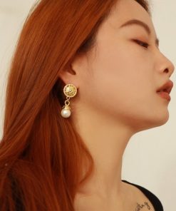 Elegant Classical Baroque Long Earrings with Golden Pearl Pendant - Retro European American Design for Timeless Style