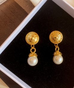 Elegant Classical Baroque Long Earrings with Golden Pearl Pendant - Retro European American Design for Timeless Style