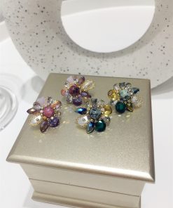 Elegant Color-Blocking Irregular Flower Stud Drop Earrings with Imitation Crystal and Pearl - Trendy Spring/Summer Accessories