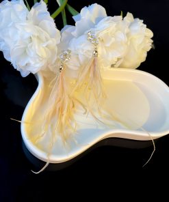 Elegant Feather Tassel Long Earrings with Crystal Inlay - Trendy Face-Slimming Design for Autumn & Winter 2025, Versatile Fashion Accessory