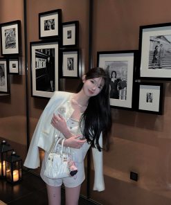 Elegant Floral Design Short White Woolen Coat for Women - Chic Winter Outerwear, Perfect for 90s and Y2K Inspired Looks