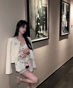 Elegant Floral Design Short White Woolen Coat for Women - Chic Winter Outerwear, Perfect for 90s and Y2K Inspired Looks