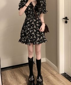 Elegant Floral One-Piece Dress for Women, French Style, Waist-Cinching, Slimming, A-Line Short Skirt, Summer Fashion