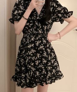 Elegant Floral One-Piece Dress for Women, French Style, Waist-Cinching, Slimming, A-Line Short Skirt, Summer Fashion