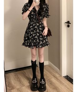 Elegant Floral One-Piece Dress for Women, French Style, Waist-Cinching, Slimming, A-Line Short Skirt, Summer Fashion