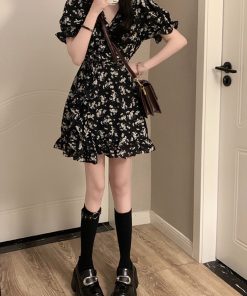 Elegant Floral One-Piece Dress for Women, French Style, Waist-Cinching, Slimming, A-Line Short Skirt, Summer Fashion