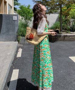 Elegant Floral Suspender Dress with Hollow Lace Top Two-Piece Set for May Day Outings - Trendy Y2K Style Fashion