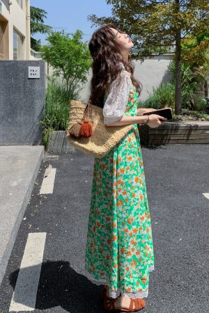 Elegant Floral Suspender Dress with Hollow Lace Top Two-Piece Set for May Day Outings - Trendy Y2K Style Fashion