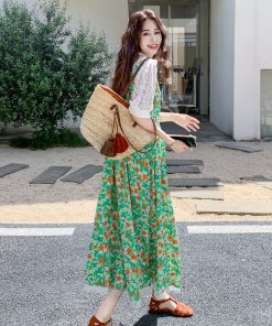 Elegant Floral Suspender Dress with Hollow Lace Top Two-Piece Set for May Day Outings - Trendy Y2K Style Fashion