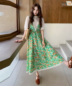 Elegant Floral Suspender Dress with Hollow Lace Top Two-Piece Set for May Day Outings - Trendy Y2K Style Fashion