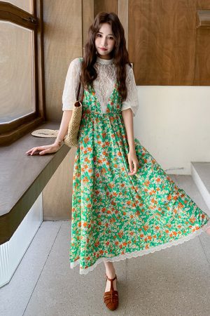 Elegant Floral Suspender Dress with Hollow Lace Top Two-Piece Set for May Day Outings - Trendy Y2K Style Fashion