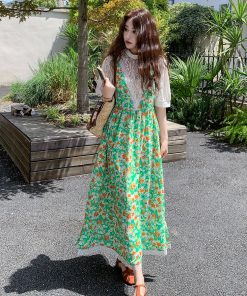 Elegant Floral Suspender Dress with Hollow Lace Top Two-Piece Set for May Day Outings - Trendy Y2K Style Fashion