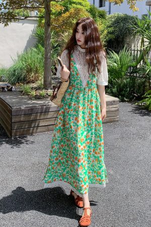 Elegant Floral Suspender Dress with Hollow Lace Top Two-Piece Set for May Day Outings - Trendy Y2K Style Fashion