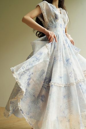 Elegant French Floral Ruffled Hem Maxi Dress - High-Quality Boho Chic Style for Summer Events and Y2K Fashion Lovers
