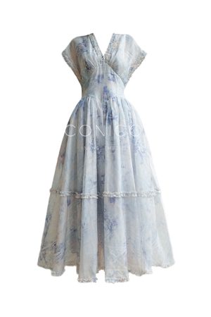 Elegant French Floral Ruffled Hem Maxi Dress - High-Quality Boho Chic Style for Summer Events and Y2K Fashion Lovers