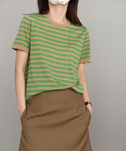 Elegant French Striped Short Sleeve Women's T-Shirt in Fine Merino Wool - Brightening Knit Top for Effortless Style