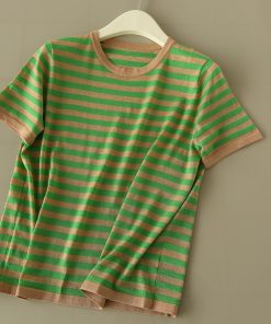 Elegant French Striped Short Sleeve Women's T-Shirt in Fine Merino Wool - Brightening Knit Top for Effortless Style