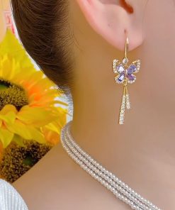 Elegant French-Style Diamond-Inlaid Butterfly Long Tassel Earrings for Women, Niche Design, Socialite Chic, High-End Fashion Accessories