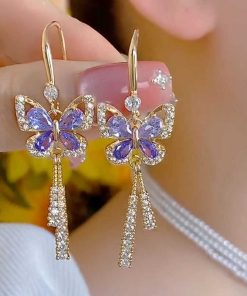 Elegant French-Style Diamond-Inlaid Butterfly Long Tassel Earrings for Women, Niche Design, Socialite Chic, High-End Fashion Accessories