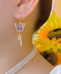 Elegant French-Style Diamond-Inlaid Butterfly Long Tassel Earrings for Women, Niche Design, Socialite Chic, High-End Fashion Accessories