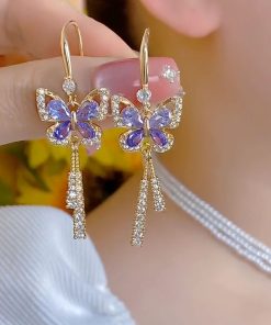 Elegant French-Style Diamond-Inlaid Butterfly Long Tassel Earrings for Women, Niche Design, Socialite Chic, High-End Fashion Accessories