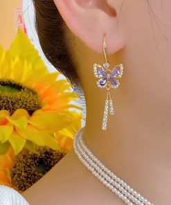 Elegant French-Style Diamond-Inlaid Butterfly Long Tassel Earrings for Women, Niche Design, Socialite Chic, High-End Fashion Accessories