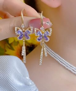 Elegant French-Style Diamond-Inlaid Butterfly Long Tassel Earrings for Women, Niche Design, Socialite Chic, High-End Fashion Accessories