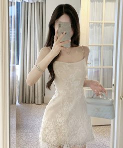 Elegant French-Style Fishbone Strap Dress for Women - Waist-Cinching Lace Short Skirt, Sexy Summer Fashion, Designer Niche Look