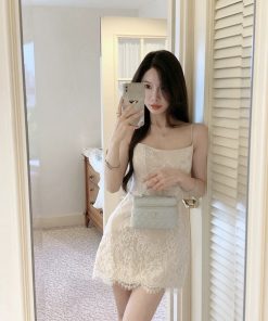 Elegant French-Style Fishbone Strap Dress for Women - Waist-Cinching Lace Short Skirt, Sexy Summer Fashion, Designer Niche Look