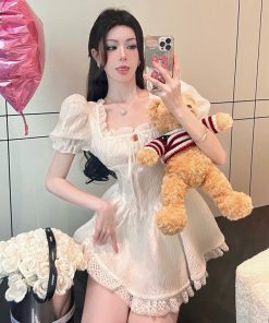 Elegant French Style Princess Dress for Women - Ultra-Fairy, Sexy Square Neck, Puff Sleeves, Waist-Cinching, Slimming Short Skirt Dress