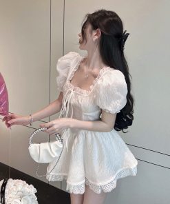 Elegant French Style Princess Dress for Women - Ultra-Fairy, Sexy Square Neck, Puff Sleeves, Waist-Cinching, Slimming Short Skirt Dress