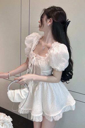 Elegant French Style Princess Dress for Women - Ultra-Fairy, Sexy Square Neck, Puff Sleeves, Waist-Cinching, Slimming Short Skirt Dress