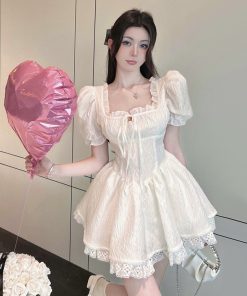 Elegant French Style Princess Dress for Women - Ultra-Fairy, Sexy Square Neck, Puff Sleeves, Waist-Cinching, Slimming Short Skirt Dress
