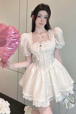 Elegant French Style Princess Dress for Women - Ultra-Fairy, Sexy Square Neck, Puff Sleeves, Waist-Cinching, Slimming Short Skirt Dress
