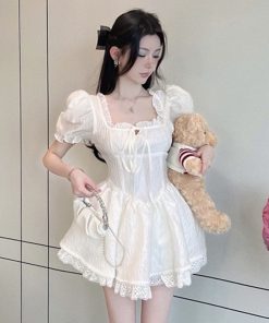 Elegant French Style Princess Dress for Women - Ultra-Fairy, Sexy Square Neck, Puff Sleeves, Waist-Cinching, Slimming Short Skirt Dress