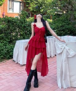 Elegant French-Style Red Spaghetti Strap Dress for Women - Waist-Cinching, Irregular Ruffle Long Skirt, Perfect for Summer Occasions