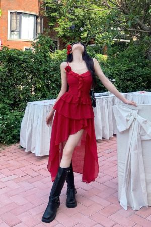 Elegant French-Style Red Spaghetti Strap Dress for Women - Waist-Cinching, Irregular Ruffle Long Skirt, Perfect for Summer Occasions