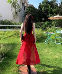 Elegant French-Style Red Spaghetti Strap Dress for Women - Waist-Cinching, Irregular Ruffle Long Skirt, Perfect for Summer Occasions