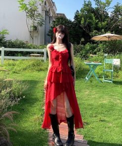 Elegant French-Style Red Spaghetti Strap Dress for Women - Waist-Cinching, Irregular Ruffle Long Skirt, Perfect for Summer Occasions